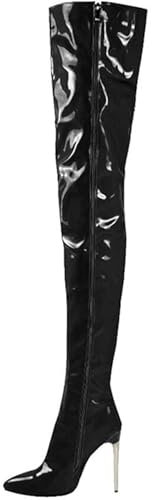 WEHAM Overknee-Stiefel für Damen in Übergröße, Kunst-PU, Tanzschuhe, Kniehohe Stiefel mit Seitlichem Reißverschluss, Schwarz, 39