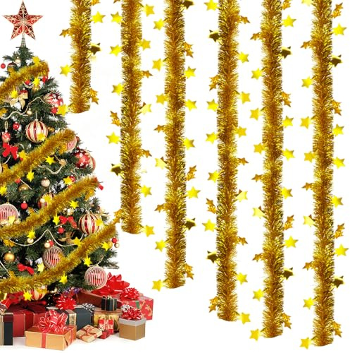 6 Piezas Guirnalda de Oropel de Navidad,dellyy Espumillon Guirnaldas navideñas,2m,Brillante Espumillón,Guirnalda de Oropel de Navidad con Estrellas,para Decoración para Navidad Bodas Fiestas (Dorado)