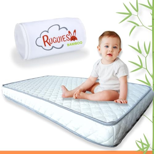 RUGUIES- Materasso per Lettino Premium 120x60x10cm- Massima Morbidezza e Comfort per Bambini e Neonati- Rivestimento Sfoderabile Lavabile in Cotone di Bambù- Ipoallergenico-Oeko Tex- Base Antiscivolo