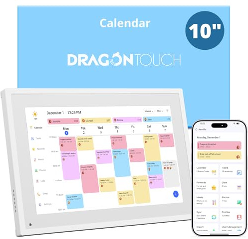 Dragon Touch Calendar, 10.1 Digital Calendar, Gift for Busy Families Scheduling, 2026 Family Wall Planner, 1080P Full HD Interactive Touchscreen, Smart Chore Chart and Home Organization, UK Adapter