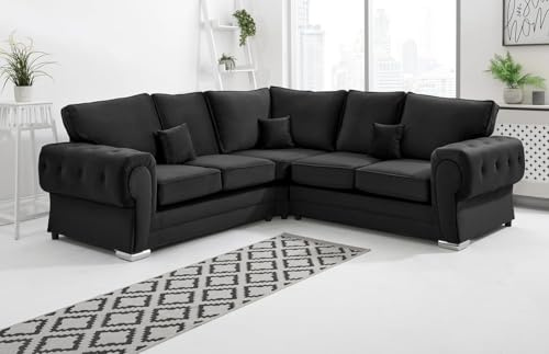 Sofahub Black Plush Velvet Corner Sofa | Verona 2C2 Corner for Living Room | Comfortable 5 Seater Sofa with Foam Cushions | Modern Upholstered Corner Couch | Settee, Sofas & Couches