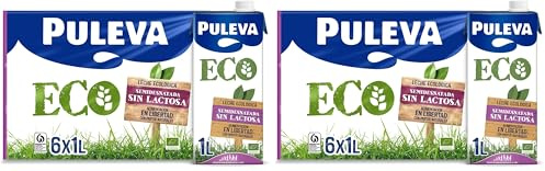 Leche ecológica Puleva ECO Sin Lactosa Semidesnatada brik 1L – Caja 6 litros (Paquete de 2)