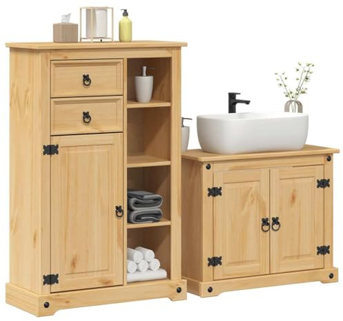Gecheer Mobile da Bagno in Legno Massello di Pino, Set 2 Pezzi con Anta e Cassetto, 73x33x60 cm e 70x33x110 cm, Finitura Cerata Ambra, Mobile Sottolavabo e Armadietto Alto per Bagno