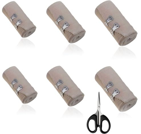 6 Rollen Elastische Bandage (3 Größen) | Kompressionsverband mit Metallclips & Schere | Für Handgelenk, Knöchel, Knie | Verstauchungen, Sportverletzungen | Atmungsaktiv & Wiederverwendbar