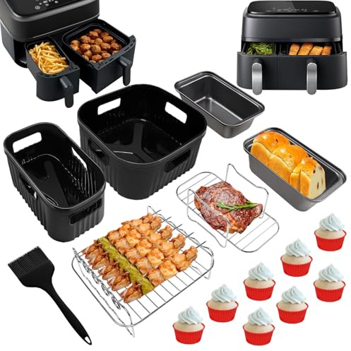 YINGRACE Airfryer Zubehör für Philips Airfryer Dual Basket 3000 Series NA350, 5000 Series NA550, 8PCS mit Silikonform Grillrost Toastbleche Muffinform anstelle Backpapier für Heißluftfritteuse
