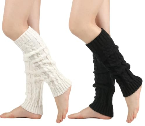 WUSJCOF 2 paires de jambières pour femmes noir et blanc longues en tricot chauffe-jambes pour mollets, guêtres d'hiver pour femmes
