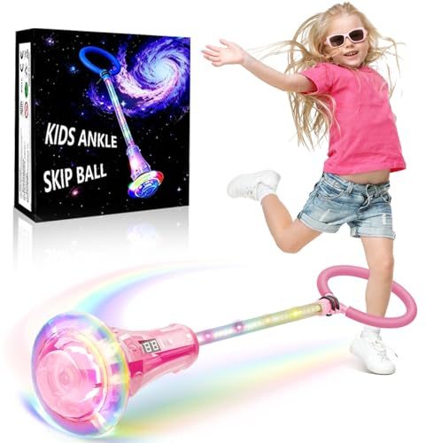 Ankle Skip Ball for Kids with Counter,Time, Flashing Wheel Skip Ball Fitness Sports Toy for Kids Gifts for 5 6 7 8 9 10 Year Old Boys Girls, Rechargeable Foldable Outdoor Skipping Toys Game for Garden