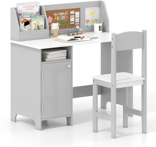 COSTWAY Scrivania per Bambini con Sedia, Set Tavolo e Sedia con Lavagna, Pennarello, Armadietto e Bacheca, Postazione Computer per Studenti e Tavolo da Scrittura per 3+ Anni (Grigio)