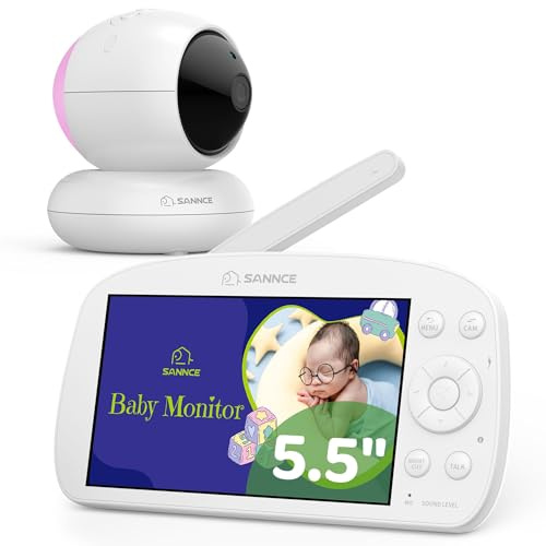 SANNCE Babyphone con fotocamera e luce notturna, display da 5,5, 1080P, batteria da 5000 mAh, con allarmi di temperatura, interruzione di corrente, PTZ, visione notturna a infrarossi, promemoria di