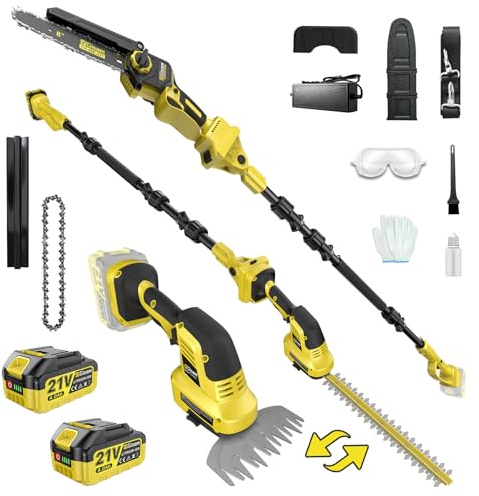6-in-1 Cordless Hedge Trimmer & Pole Saw, 8-Inch Mini Chainsaw & Cordless Pole Hedge Trimmer, Brushless Motor, 0-180° Adjustable, Extend Pole to 4.5m, 2×4.0Ah Batteries, Ideal for Fence (yeellow)
