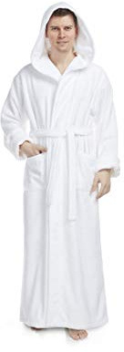 Arus Men's Hood'n Full Ankle Length Hooded Turkish Cotton Bathrobe White Medium