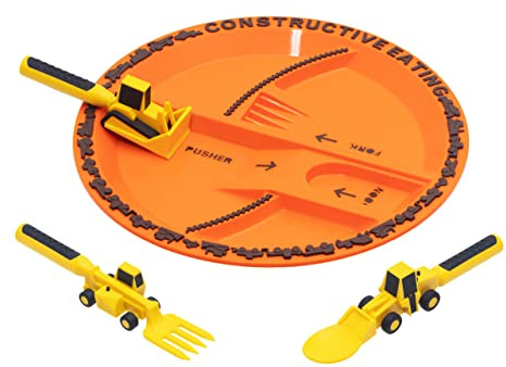 Constructive Eating Plate and Utensils Set - USA-Made Toddler Dinnerware with Divided Plates (Construction)