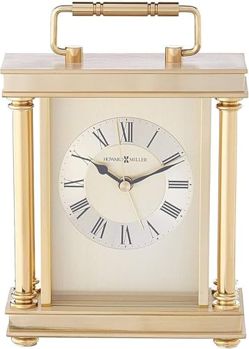 Howard Miller Audra Table Clock – Brushed & Polished Brass Carriage Clock with Handle, Roman Numerals, Silent Quartz Alarm Movement, Glass Crystal, Elegant Desk or Mantel Clock – 645-584