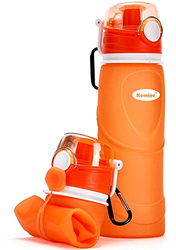 Kemier 750ml Bouteilles d'eau Pliables en Silicone Pouvant s’Enrouler Pour Sports et Plein Air, étanches et à l'épreuve Des Fuites ,Sans BPA,Approuvées par La FDA.(Orange)