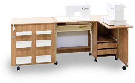 Comfort 5+ | Nähmaschinenschrank | Nähmöbel | Nähtisch | Aufbewahrungsschrank | (Oak Sorano Natural Light, L (Air-Lift 10 to 15 kg))