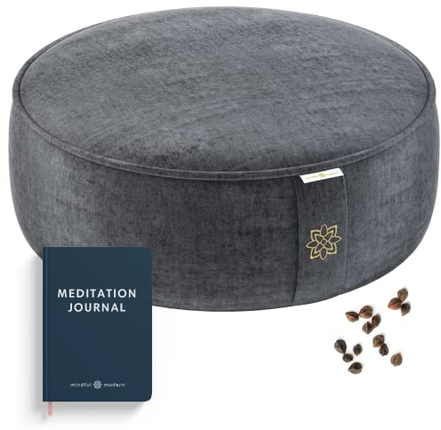 Mindful & Modern Velvet Meditation Cushion | Luxe Zafu Yoga Floor Pillow Seat | Posture Support | Buckwheat Hull Filled | Large Round Cushion with Removable Washable Cover + Carry Handle | Color Grey