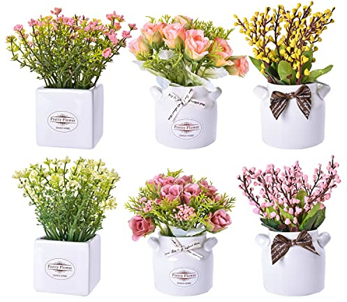 LUEUR 6Pcs Artificial Flowers with Ceramic Pot Fake Flower Arrangements Small Faux Spring Flowers in Vase Spring/Summer Decor, Centerpiece Table Decorations for Easter Home Office Shelf