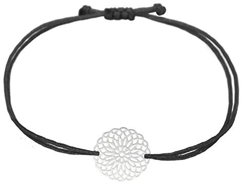 Selfmade Jewelry Armband Damen Silber Mandala Handgemachtes Makramee Armkettchen mit Lebensblume Inkl. Geschenk-Verpackung (Silber - Schwarz)