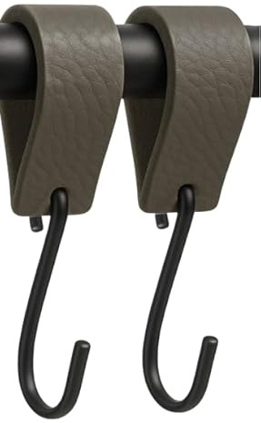 Brute Strength Multifunctional Leather S-Hooks - Gray - 2 Pieces - S Shaped Coat Hooks for Kitchen - Black