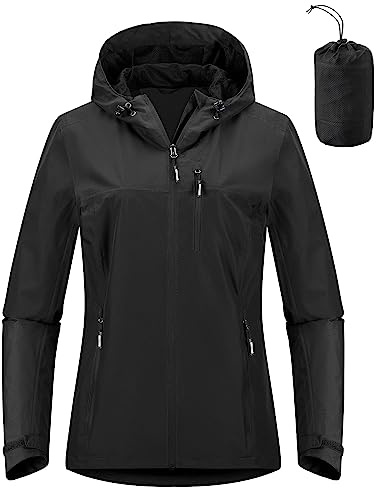 Outdoor Ventures Damen Regenjacke 10000MM Wasserdicht Leichte Gefüttert Packbar Sportjacke Funktionsjacke Atmungsaktiv Fahrrad Jacke mit Kapuze Schwarz XL