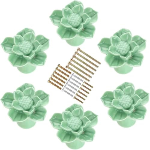 6 Pomoli in ceramica a forma di fiore per armadietti, pomelli per mobili per bambini, pomelli per armadio, maniglie per mobili, Pomelli Cucina con 4 Dimensioni Vite (Verde)