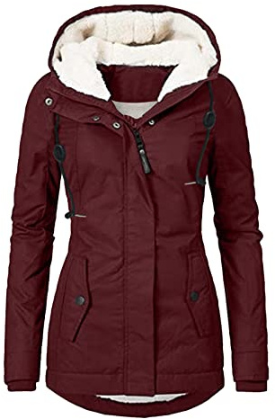 L9WEI Smal vinterparkas dam, fodrad vinterkappa, varm vinterjacka med huva, tjock parkas, utomhusjacka, kvinnor, vinter, lätt utomhusjacka, vin, S