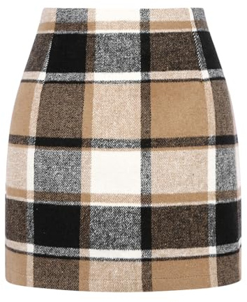 IDEALSANXUN Winter Dresses for Women 2026 Fall Fashion Wool Tweed Tartan Flannel Knee Length Casual Brown Plaid Skirt, Brown New, XL
