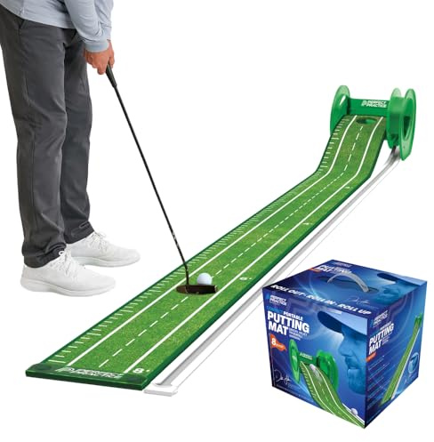Perfect Practice Roll-a-Putt Golf Putting Mat - 8ft Portable Putting Green Indoor & Outdoor Training with Ball Return - Golf Training Aid for Home, Office, Backyard - Golf Gifts