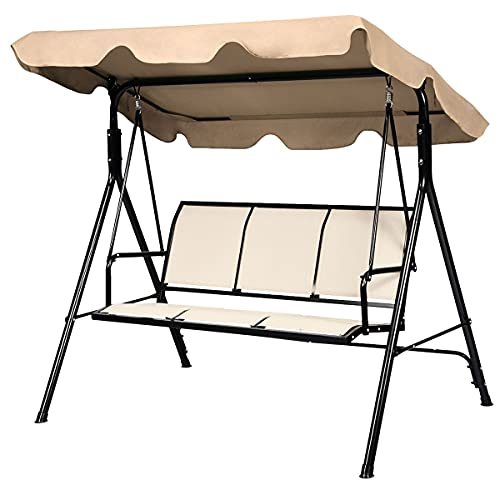 KOMFOTTEU 3-sitsig hollywoodgunga, trädgårdsgunga med soltak och ryggstöd, gungstol, gungstol för trädgård, balkong, terrass (brun)