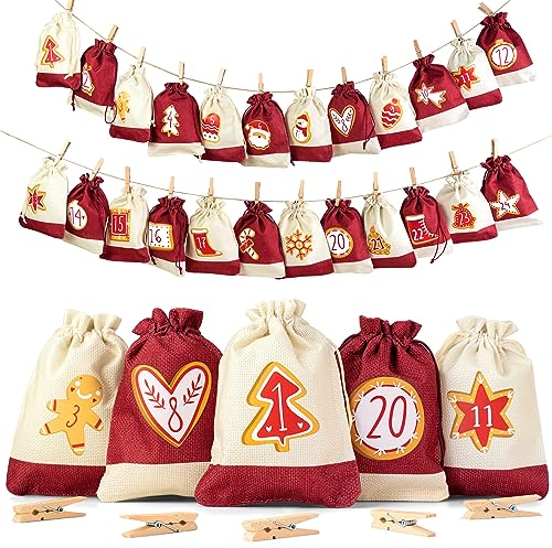 EDELHAUS® Adventskalender zum Befüllen [24 Stück] Weihnachtskalender 2025 [18 x 13cm XL Groß], Weihnachtsdeko Säckchen/Tüten/Jutesäckchen, Geschenktüten zu Weihnachten mit Weihnachts Designs