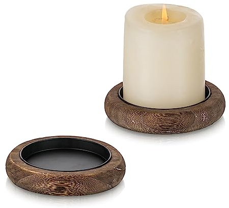 Romadedi Wood Candle Holder Farmhouse Decor - Pillar Candle Holders for Table Centerpiece Small Tray Riser Set of 2 Round Wooden Plate Pedestal Stand for Coffee Table Home Living Room, Brown