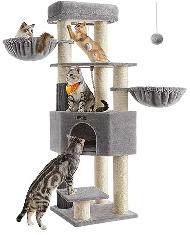 Feandrea Kratzbaum, mit warmen Decken, für große Katze, Katzenbaum, 2 Katzenbürsten, 11,1 cm d Dicke Stämme, große Plattformen, Höhle, 50 x 50 x 160 cm, Taubengrau-cremeweiß PCT003N01