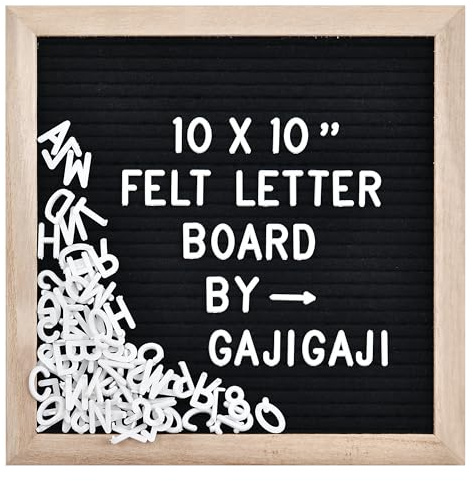 Tablero de letras de fieltro con 294 letras, números, símbolos, tablero de mensajes intercambiable de 10 x 10 pulgadas con marco de madera para montaje en pared (negro)