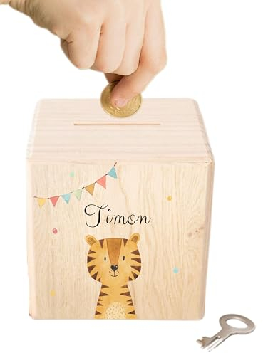 wunderwunsch - Personalisierte Spardose Kinder aus Holz mit Metallschloss - Spardose mit Namen mit kinderfreundlichem UV-Druck zum Sparen für Kinderträume
