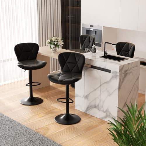 Nalupatio Modern Bar Stools Set of 4, Adjustable Faux Leather Upholstered Swivel Bar Stools, Counter Height Bar Chairs with Back for Kitchen Island, Black