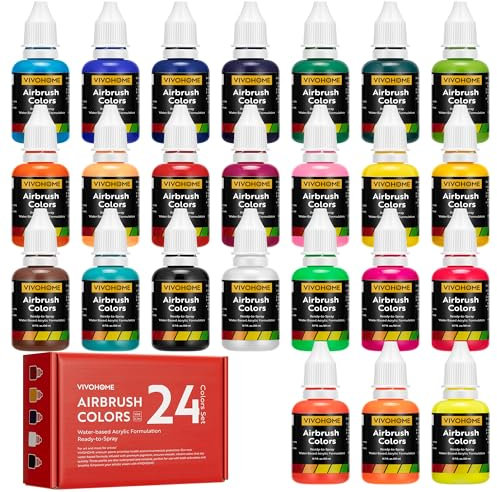 VIVOHOME Set de 24 couleurs pour aérographe, peintures acryliques pour aérographe prêtes à être pulvérisées (pas besoin de diluant)