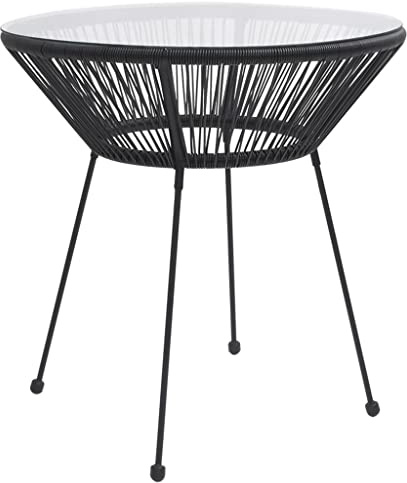 CKioict Tavolo da balcone in rattan e vetro, per giardini, prati, balconi, colore nero, Ø 70 x 74 cm