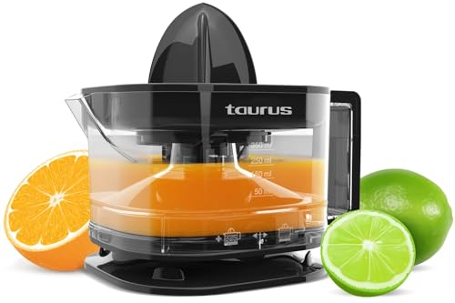 Taurus TC-350, Exprimidor de Naranjas Electrico, 350ml de Zumo, Jarra Transparente Graduada, Doble Sentido de Rotación, Diseño Compacto, Apto para Lavavajillas. Color Negro