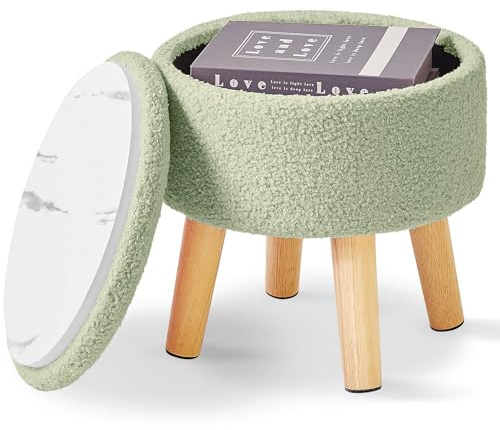 IBUYKE 13” Pequeño Reposapiés Otomana con Almacenamiento, Redondo Puf Reposapiés Taburete con Asiento Acolchado y la Tapa, Teddy Mini Reposapiés para Sala de Estar Sofá Entrada, Verde WBD006GR