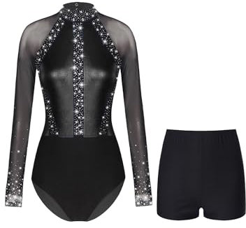 Nyeemya Damen Turnanzug Langarm Gymnastikanzug Strass Glitzer Ballettanzug Stehkragen Ballett Trikot Tanzbody + Tanz Shorts Turn Outfit Schwarz XL