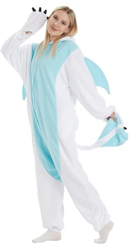 PENGMAI Costume de Dragon en Pièce Unique Pyjamas pour Femmes Hommes, Combinaison Animal Adulte pour Halloween Costumes Cosplay Vêtements de Nuit Combinaison, Dragon blanc., L