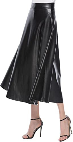 Jupe en cuir pour femmes, Noir, Longue jupe en cuir pour femmes, Midi jupe A ligne, Jupe taille haute, Jupe longue drapée pour femmes, Robe longue en tissu, Jupe swing décontractée, Unie, Jupe