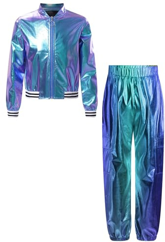Miaeowve Sportbekleidung Kinder Mädchen Set Langarm Metallic Jacke Holographic Bomberjacke Mit Glitzer Hose Stretch Leggings 70er 80er Jahre Retro Sportswear Blau 122-128