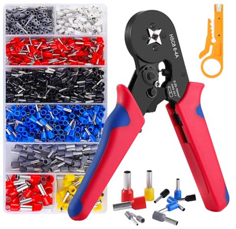 HOZKUY Ferrule Crimping Tool Kit, 0.25-10mm² Crimping Plier Set with 1200 Wire End Connectors, AWG 23-7 Self-Adjustable Ratchet Bootlace Cables Crimp Tools for DIY Electrical Repair and Cable Crimping