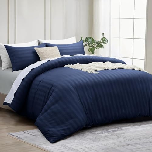 INSPIRE HOMEWARE King Size Duvet Cover Set - Premium Hotel Quality Reversible Satin Stripes Duvet Cover with 2 Pillowcases, Navy Kingsize Bedding Set - Soft Microfiber Quilt Bedding