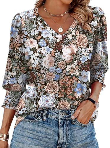 Aokosor Womens 3/4 Sleeve Tops Ladies Blouses V Neck T Shirts Puff Sleeve Tunic Curved Hem Office Wear Size 10-12 Blue Pink Rose