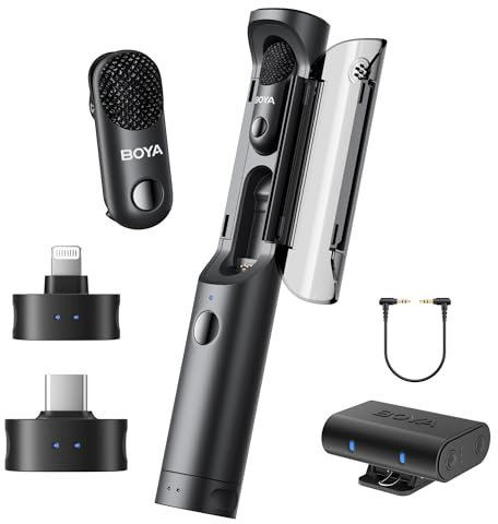 BOYA Magic 4 in 1 Trasformabile Mini Microfono Wireless, Lavalier/Manuale/Scrivania/Videocamera Microfono Lavalier per Camera/iPhone/Android, Vlogging e Streaming(2TX+3RX)