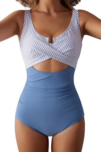 EVOCRCO Women's Underwire One Piece Swimsuits Tummy Control Bathing Suit Cutout Swim Suit Push Up Swimwear Blue Stripes