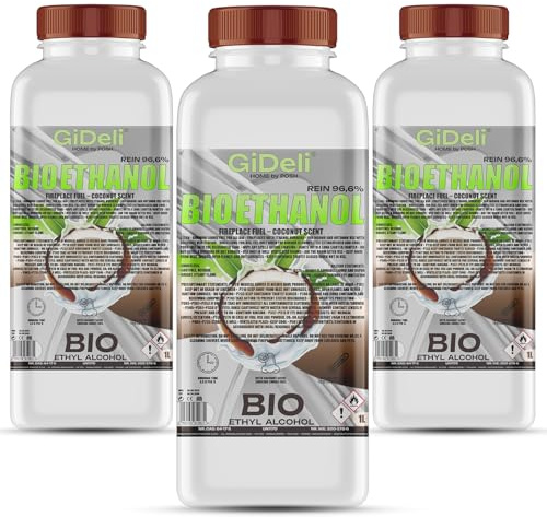 GiDeli Bioetanol 3 x 1 l de aroma de coco 96,6% etanol para interior y exterior, sin humo ni hollín, de maíz y remolacha azucarera