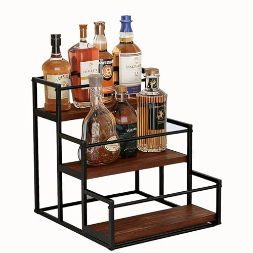 Estantería para botellas de licor, 3 pisos de madera con bandeja para botellas de licor, armario de bar de 12 botellas de 750 ml para whisky, alcohol, bebidas